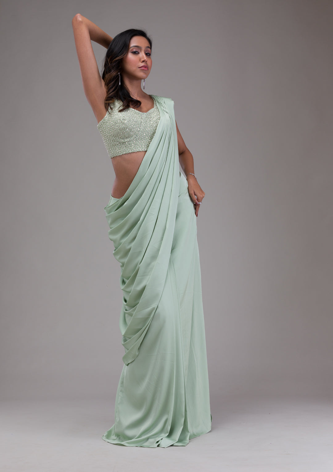 Pista Green Sequins Satin Readymade Saree