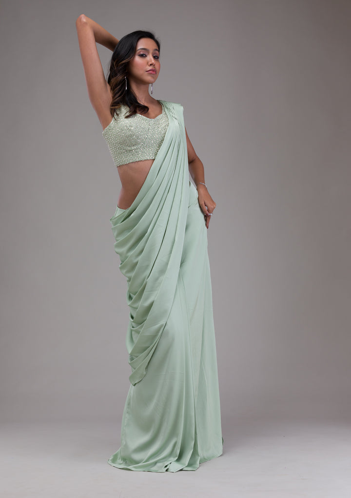 Pista Green Sequins Satin Readymade Saree