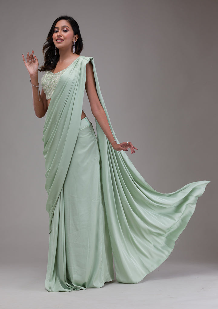 Pista Green Sequins Satin Readymade Saree