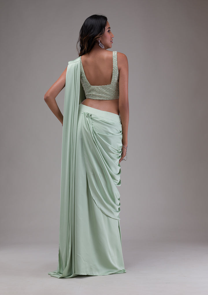 Pista Green Sequins Satin Readymade Saree
