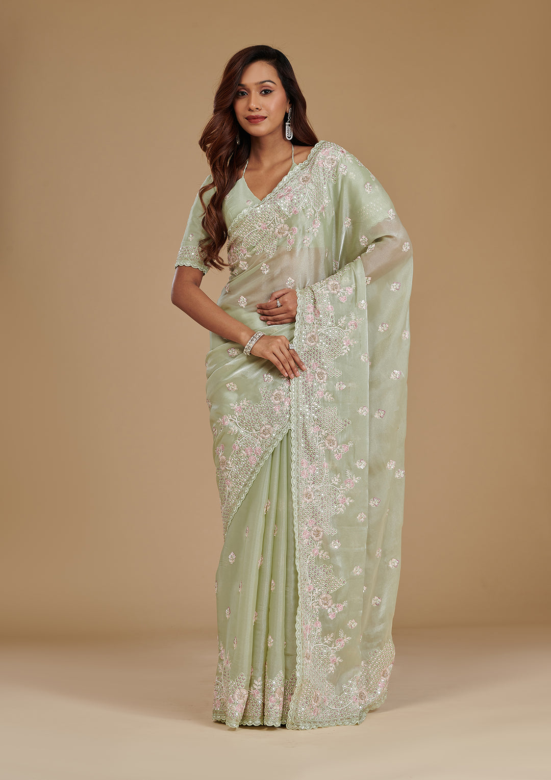 Pista Green Sequins Tissue Saree