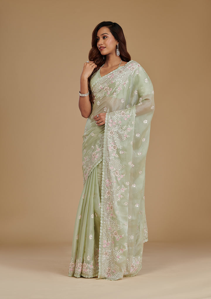 Pista Green Sequins Tissue Saree
