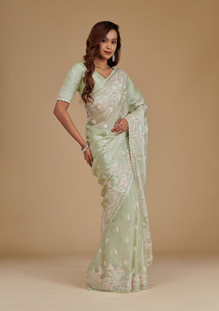 Pista Green Sequins Tissue Saree