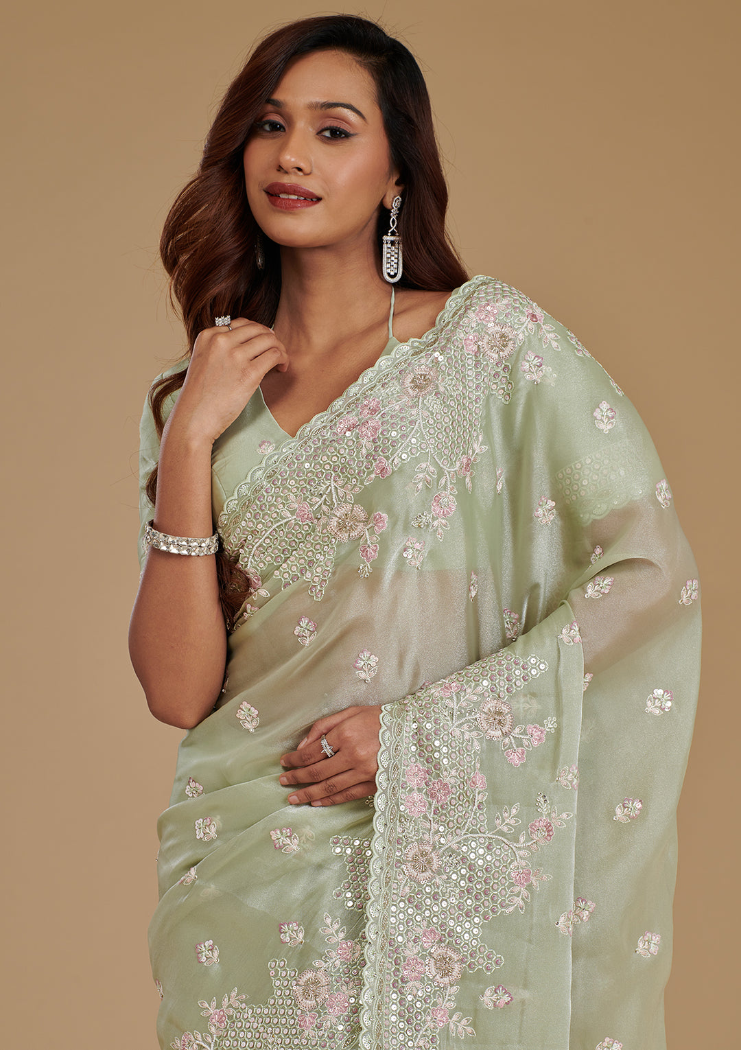 Pista Green Sequins Tissue Saree