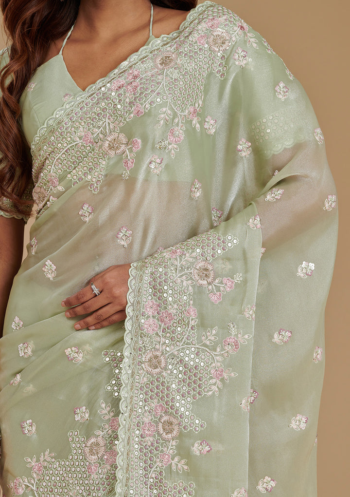 Pista Green Sequins Tissue Saree