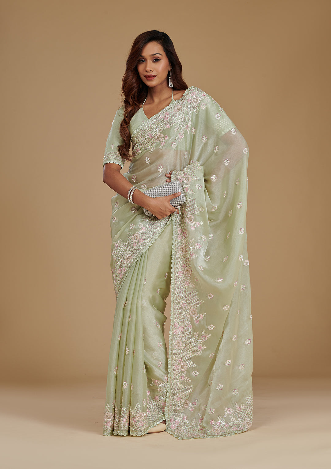 Pista Green Sequins Tissue Saree