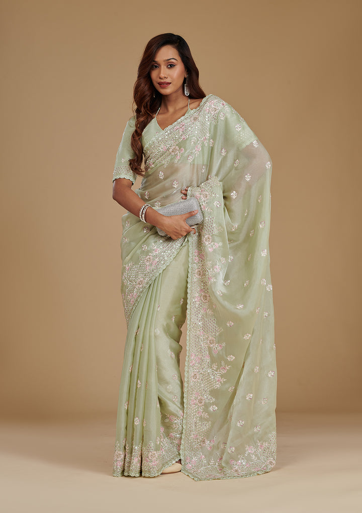Pista Green Sequins Tissue Saree