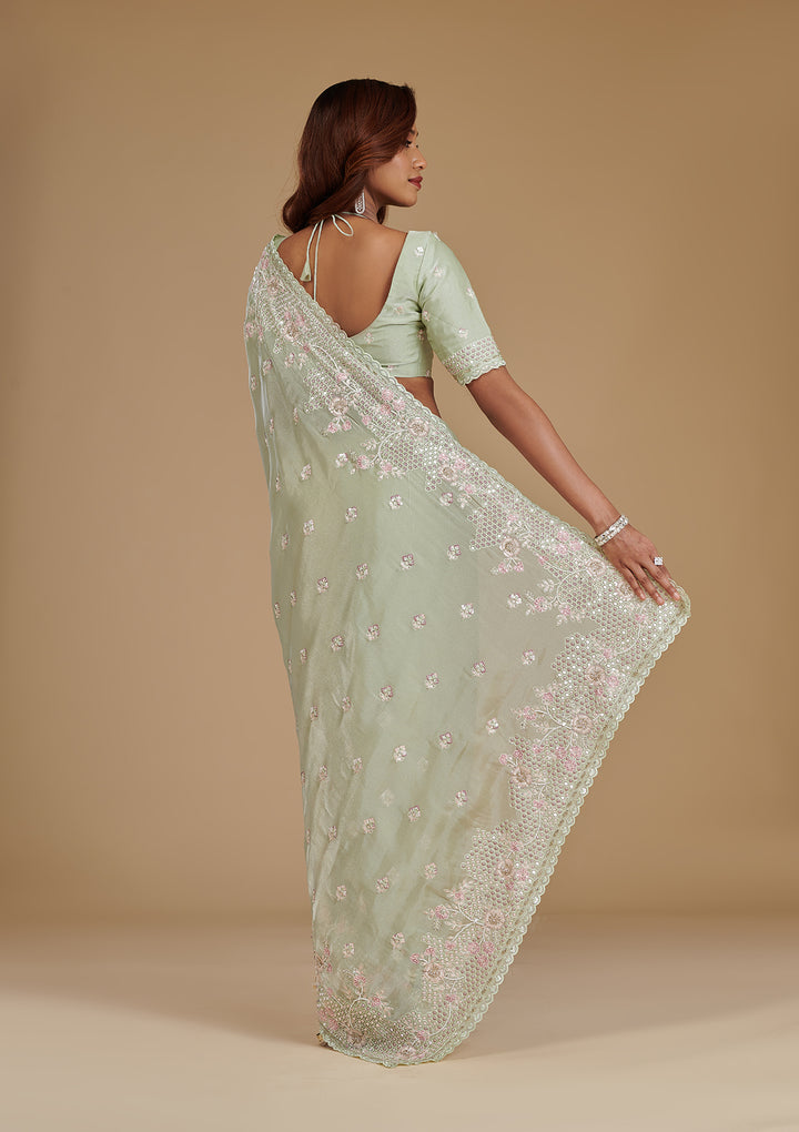 Pista Green Sequins Tissue Saree
