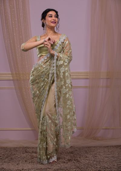 Pista Green Stonework Net Designer Saree-Koskii