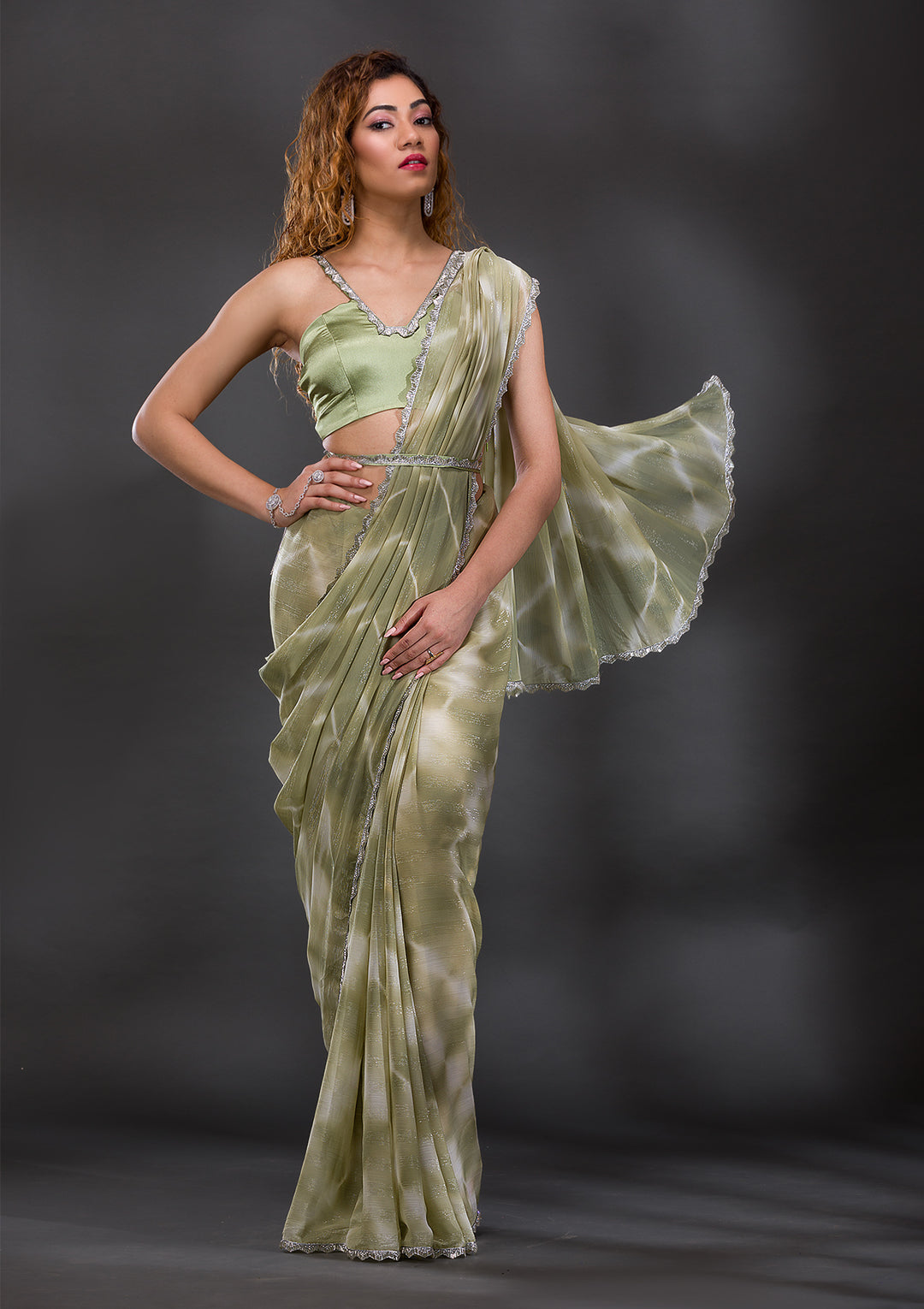 Pista Green Silver Stonework Shimmer Georgette Saree-Koskii