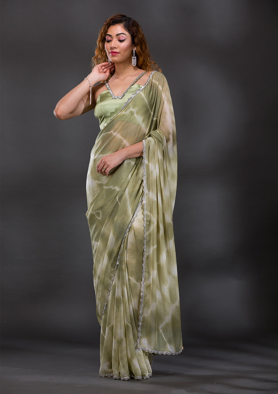 Pista Green Stonework Shimmer Georgette Saree