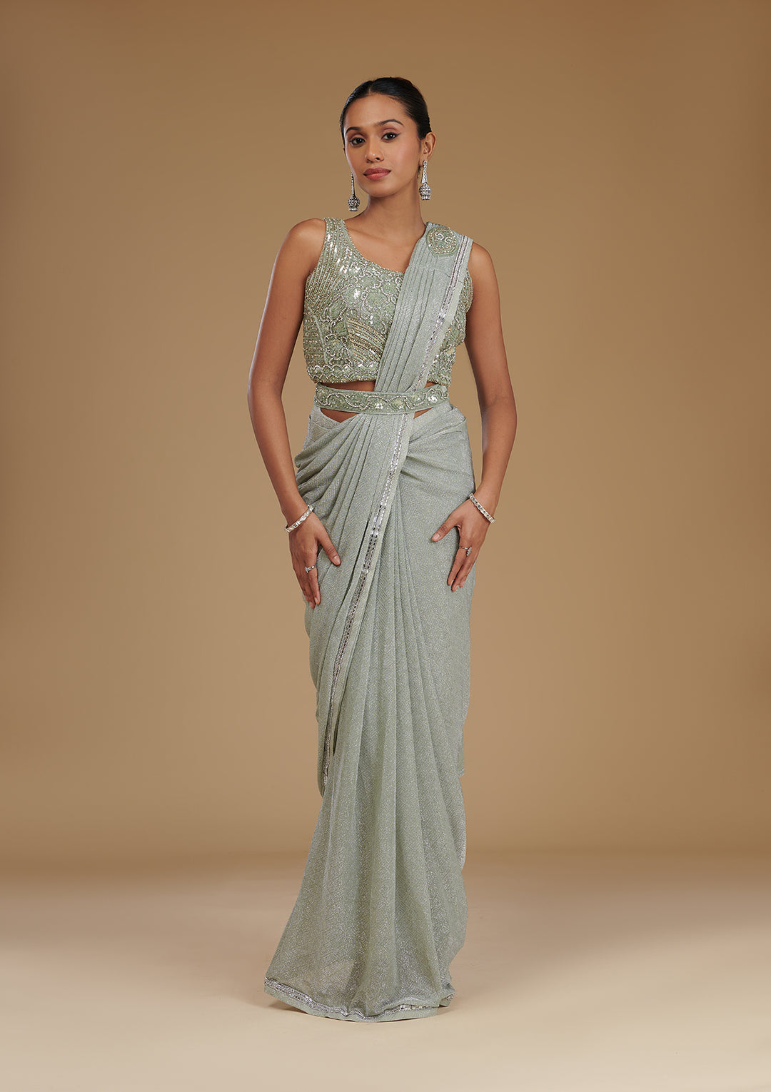 Pista Green Stonework Chiffon Readymade Saree