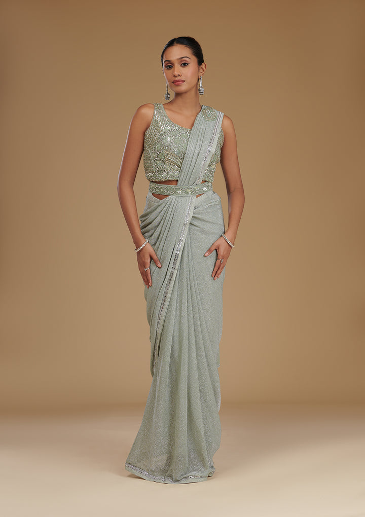 Pista Green Stonework Chiffon Readymade Saree