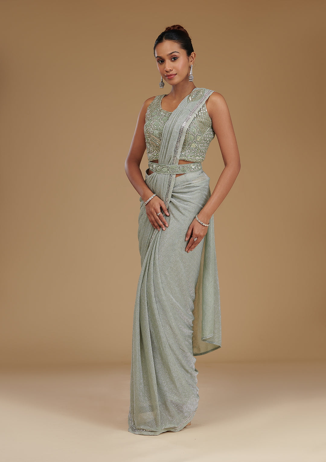 Pista Green Stonework Chiffon Readymade Saree