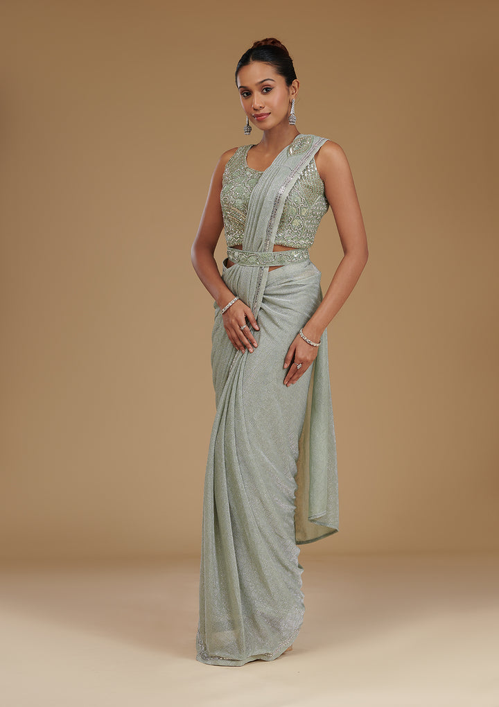 Pista Green Stonework Chiffon Readymade Saree
