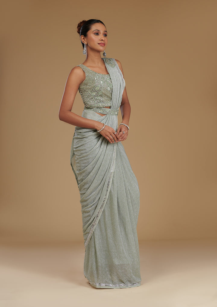 Pista Green Stonework Chiffon Readymade Saree