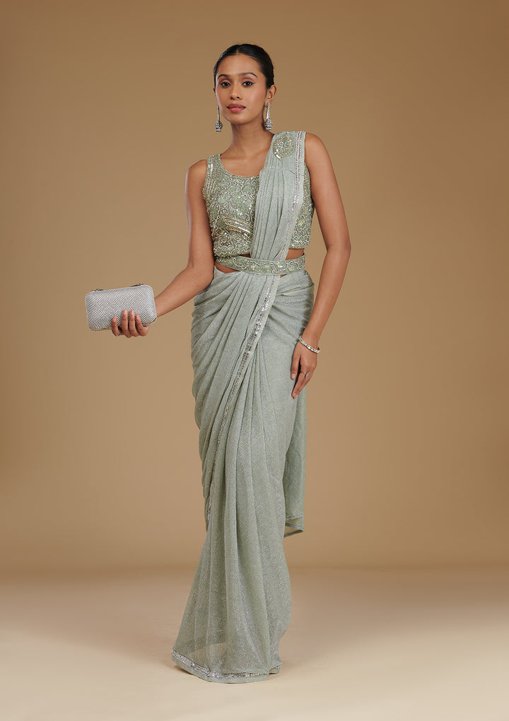 Pista Green Stonework Chiffon Readymade Saree