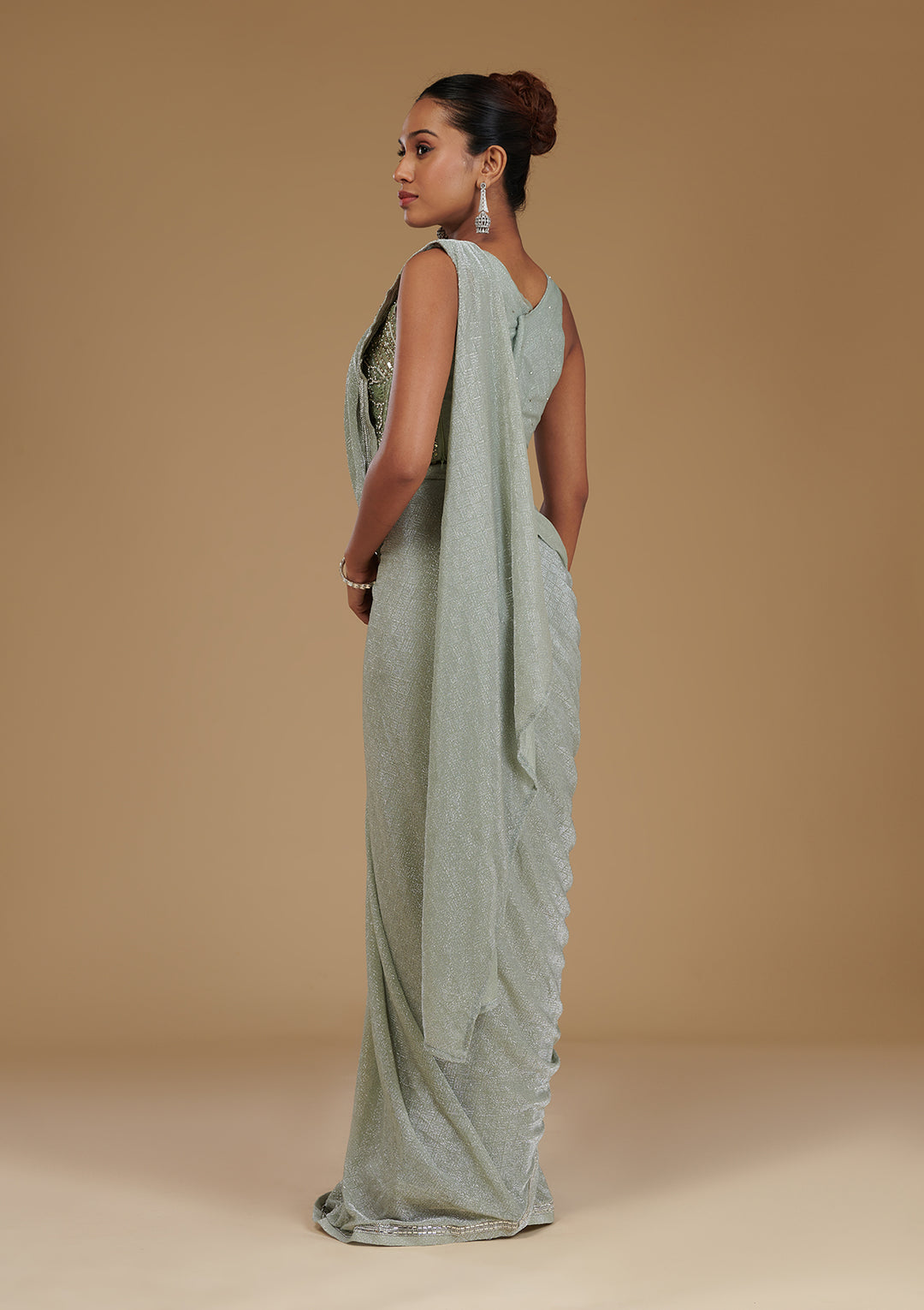 Pista Green Stonework Chiffon Readymade Saree
