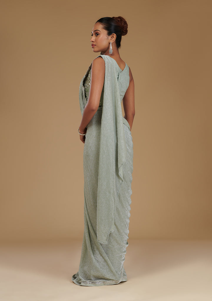 Pista Green Stonework Chiffon Readymade Saree