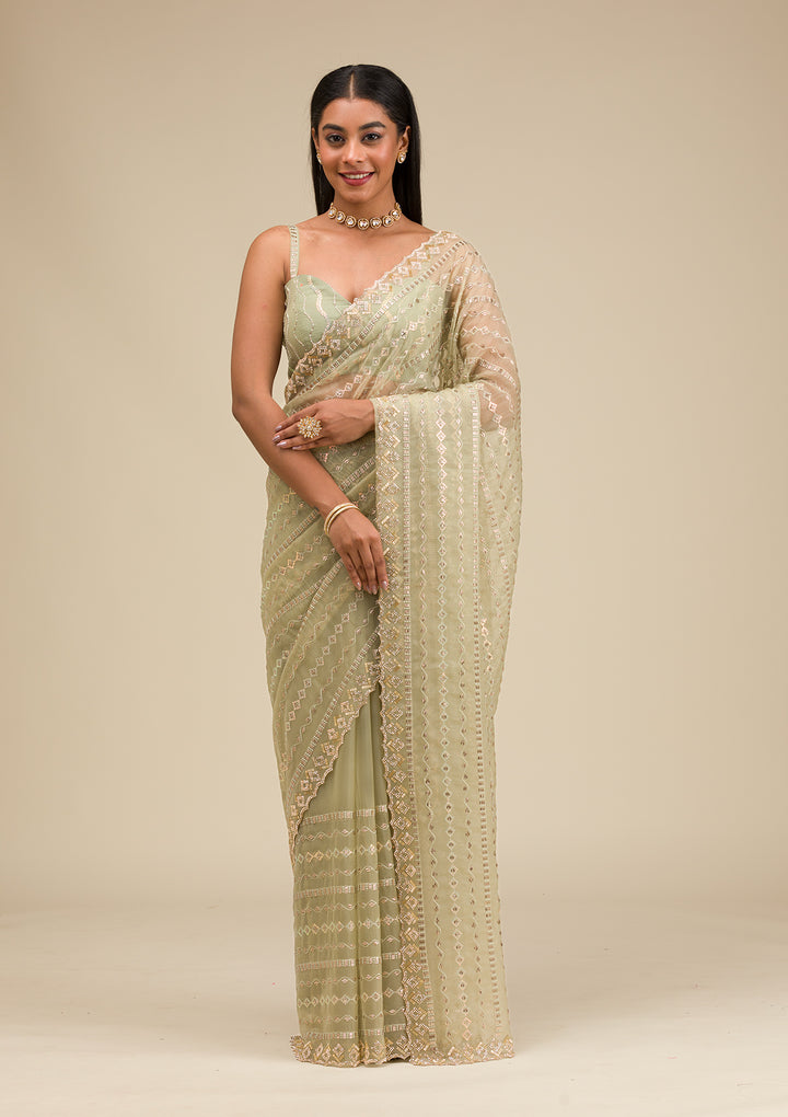 Pista Green Stonework Chiffon Saree