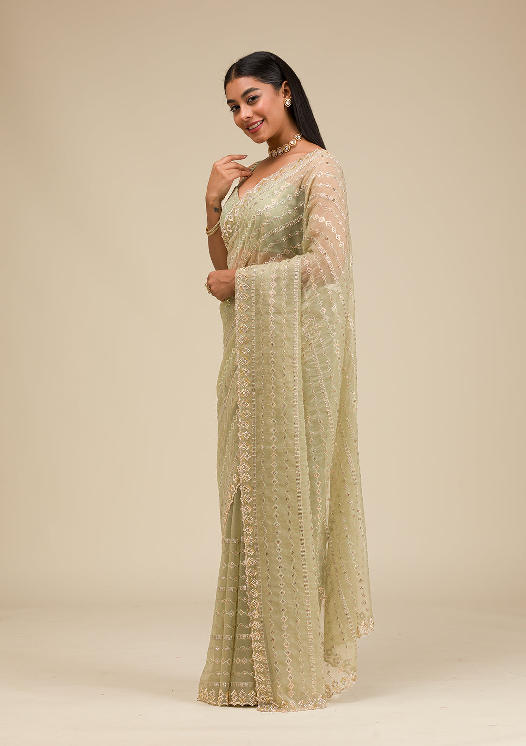 Pista Green Stonework Chiffon Saree