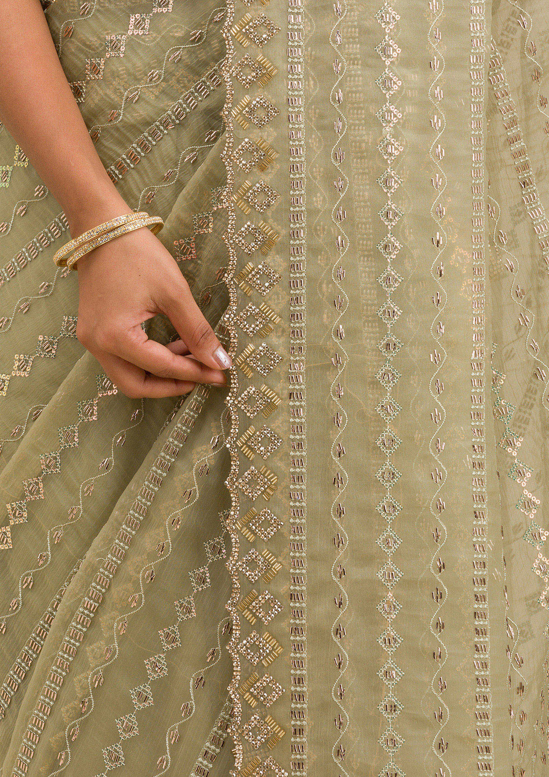 Pista Green Stonework Chiffon Saree