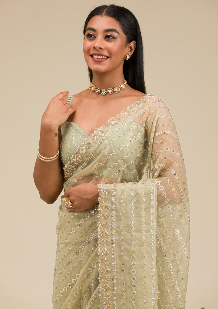 Pista Green Stonework Chiffon Saree