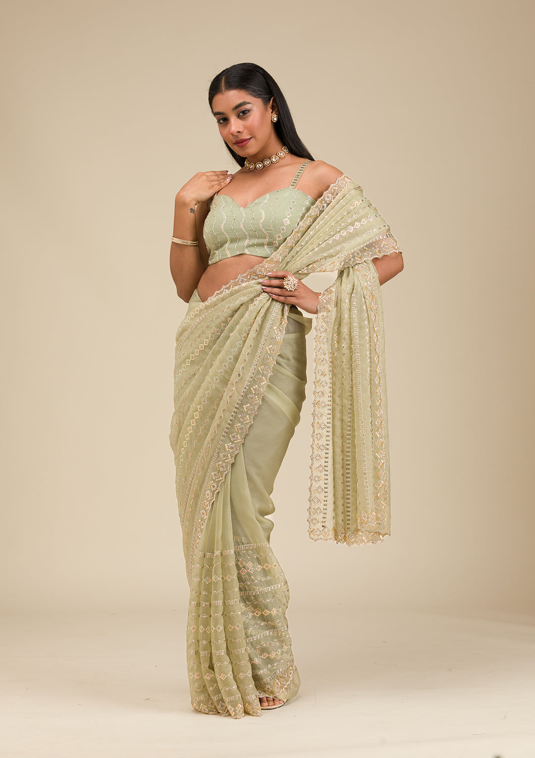 Pista Green Stonework Chiffon Saree
