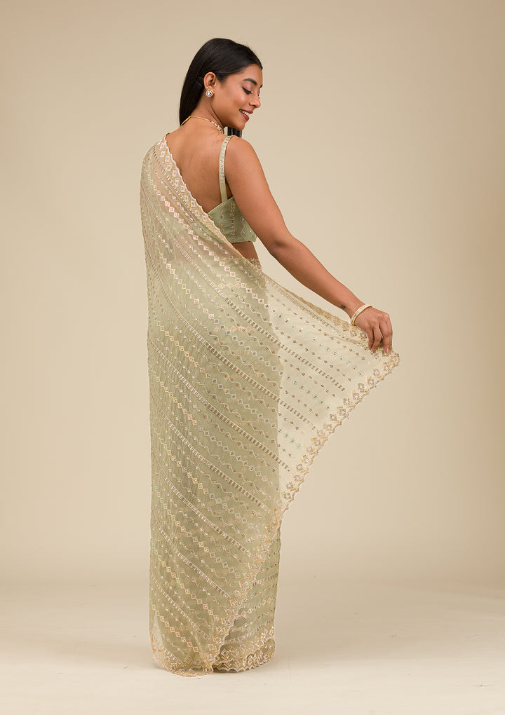 Pista Green Stonework Chiffon Saree