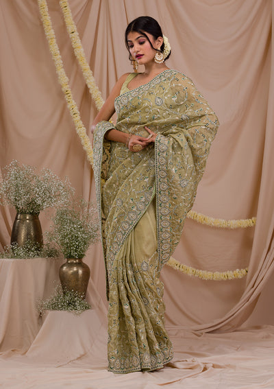 Pista Green Stonework Net Saree-Koskii