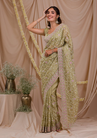 Pista Green Stonework Net Saree-Koskii