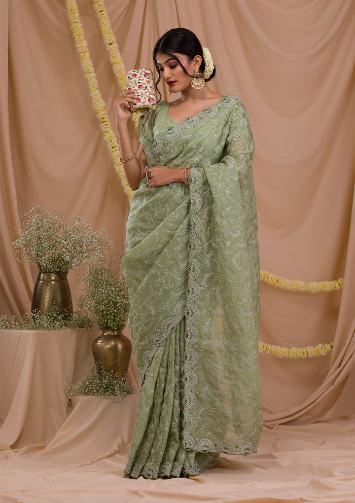 Pista Green Stonework Net Saree-Koskii