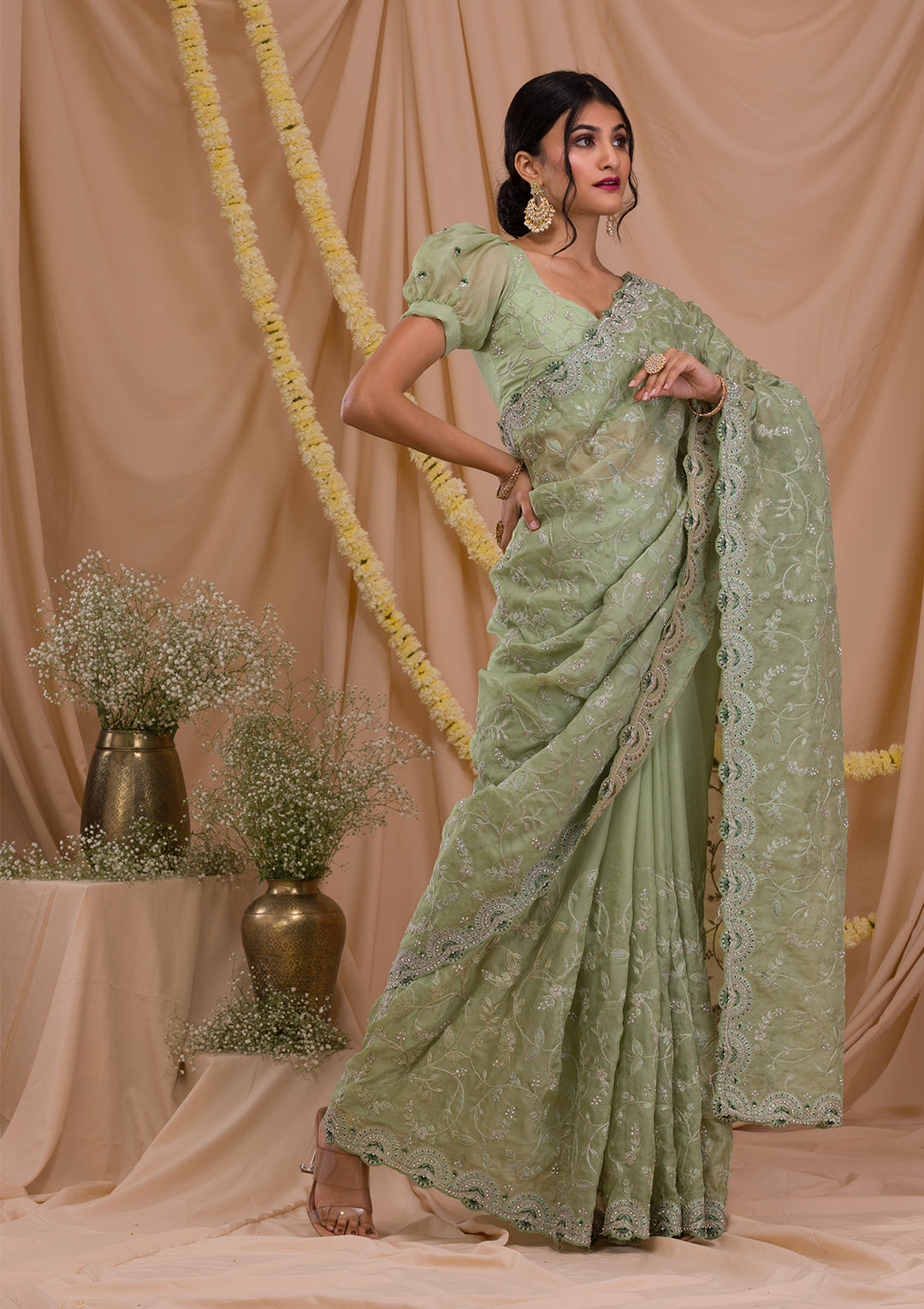Pista Green Stonework Net Saree