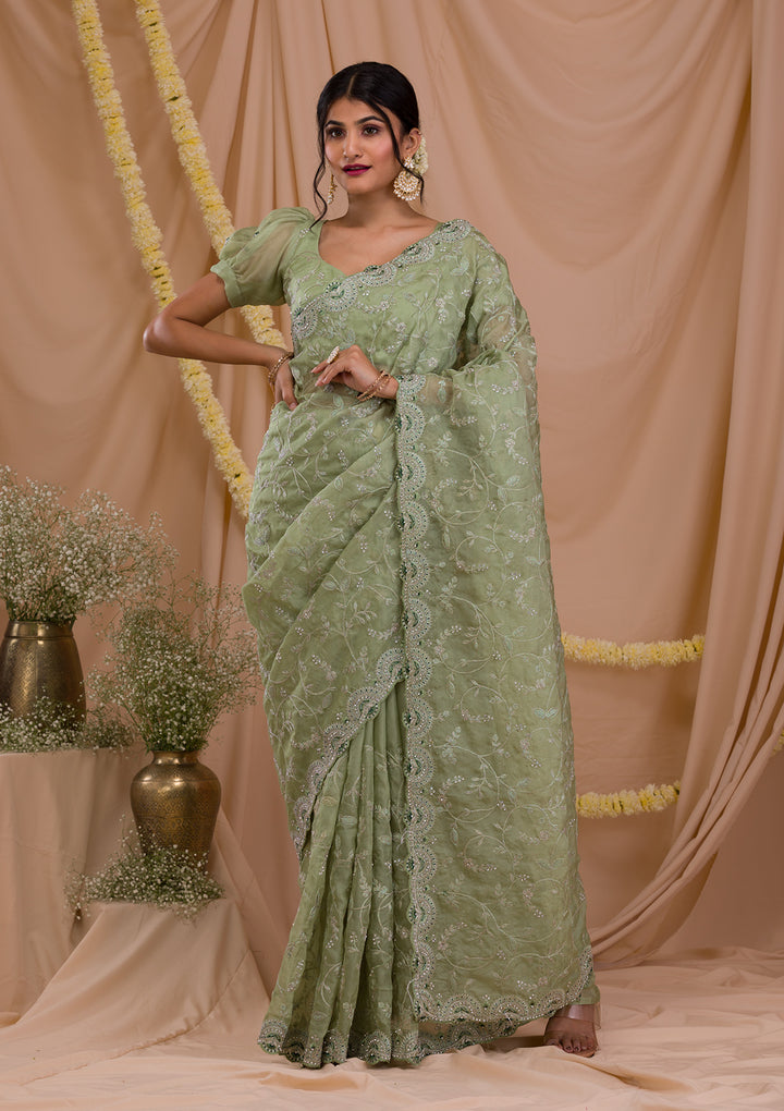 Pista Green Stonework Net Saree