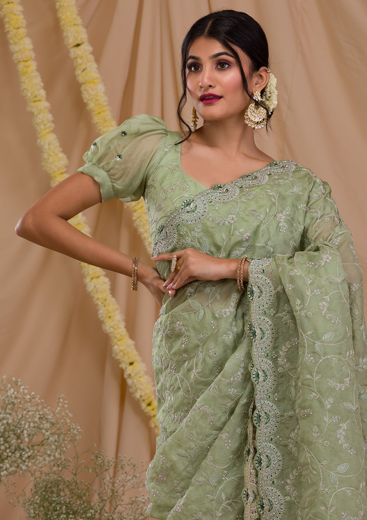 Pista Green Stonework Net Saree