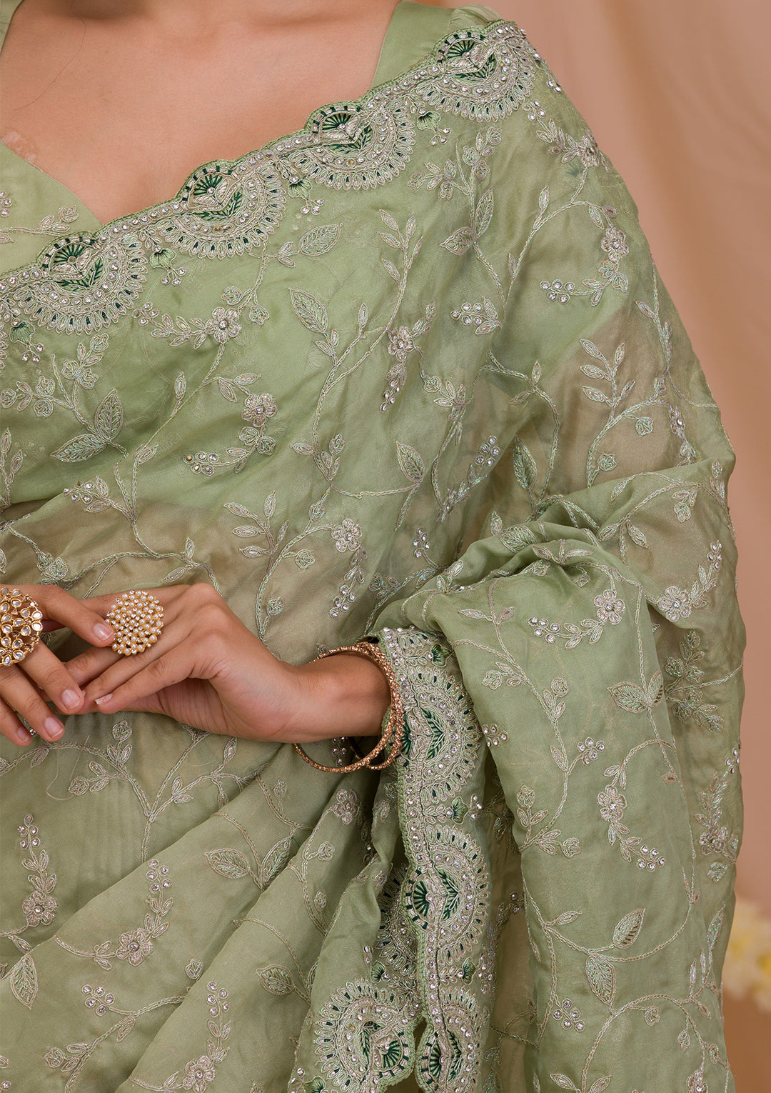 Pista Green Stonework Net Saree