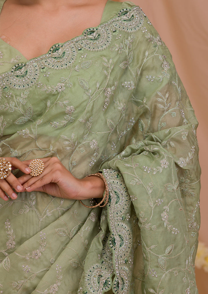 Pista Green Stonework Net Saree