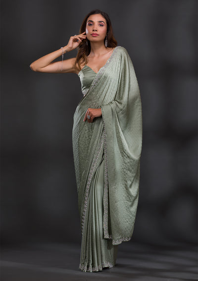 Pista Green Stonework Satin Saree-Koskii