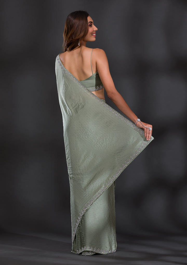 Pista Green Stonework Satin Saree