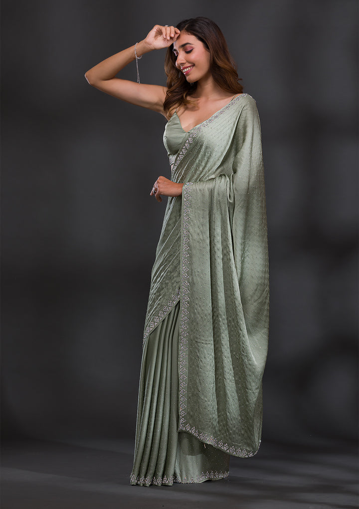 Pista Green Stonework Satin Saree