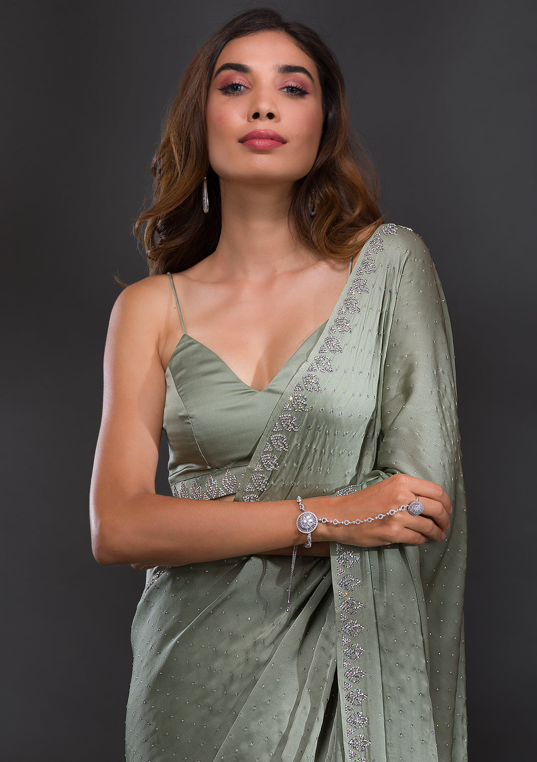 Pista Green Stonework Satin Saree