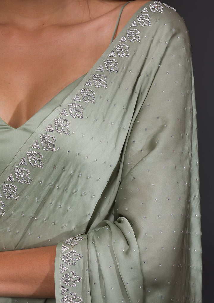 Pista Green Stonework Satin Saree