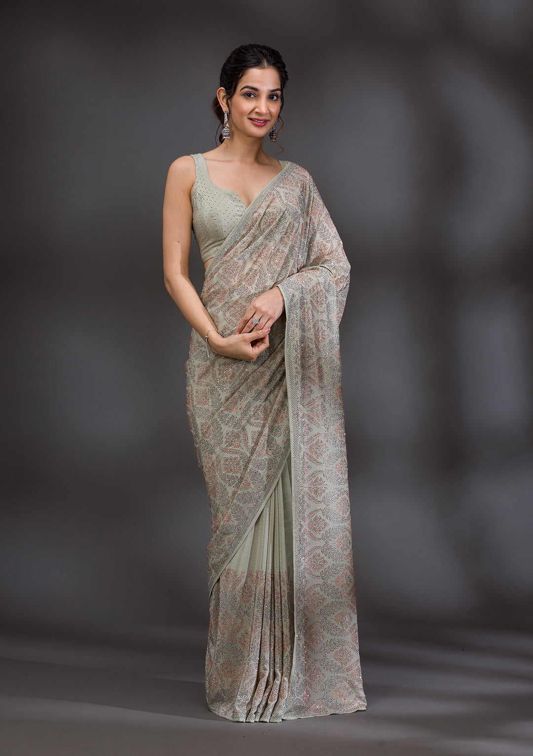 Pista Green Stonework Satin Saree