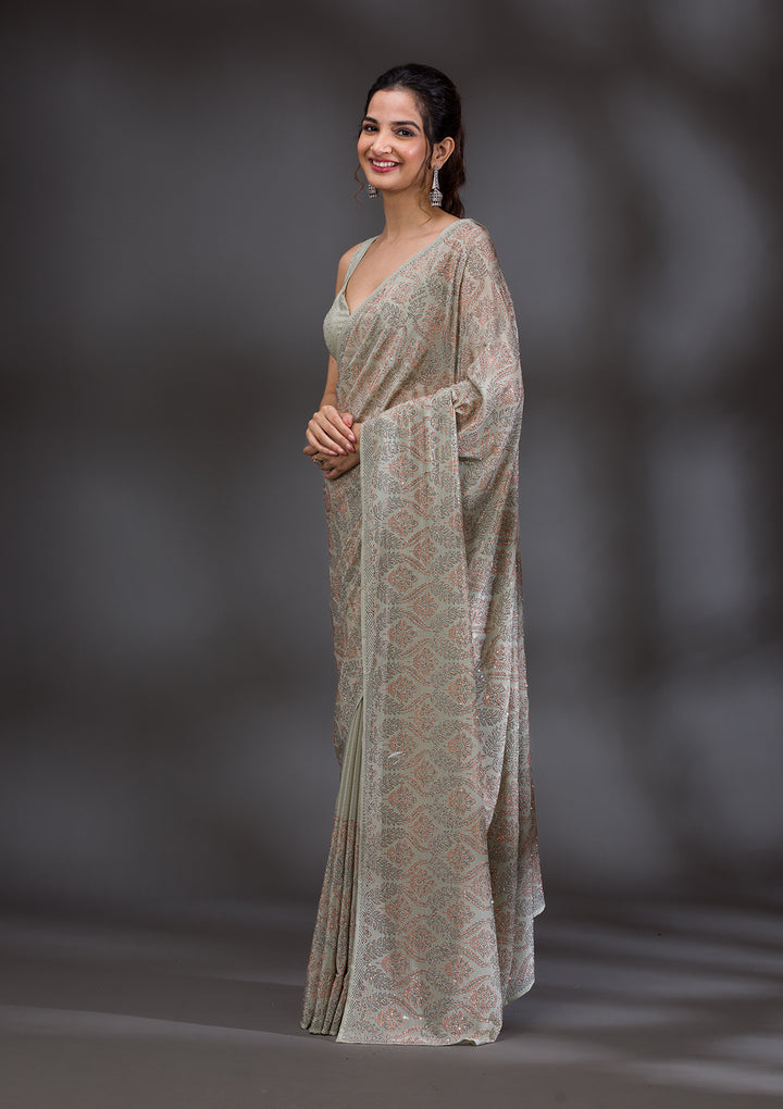 Pista Green Stonework Satin Saree