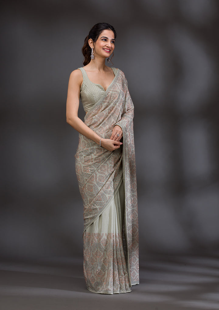 Pista Green Stonework Satin Saree