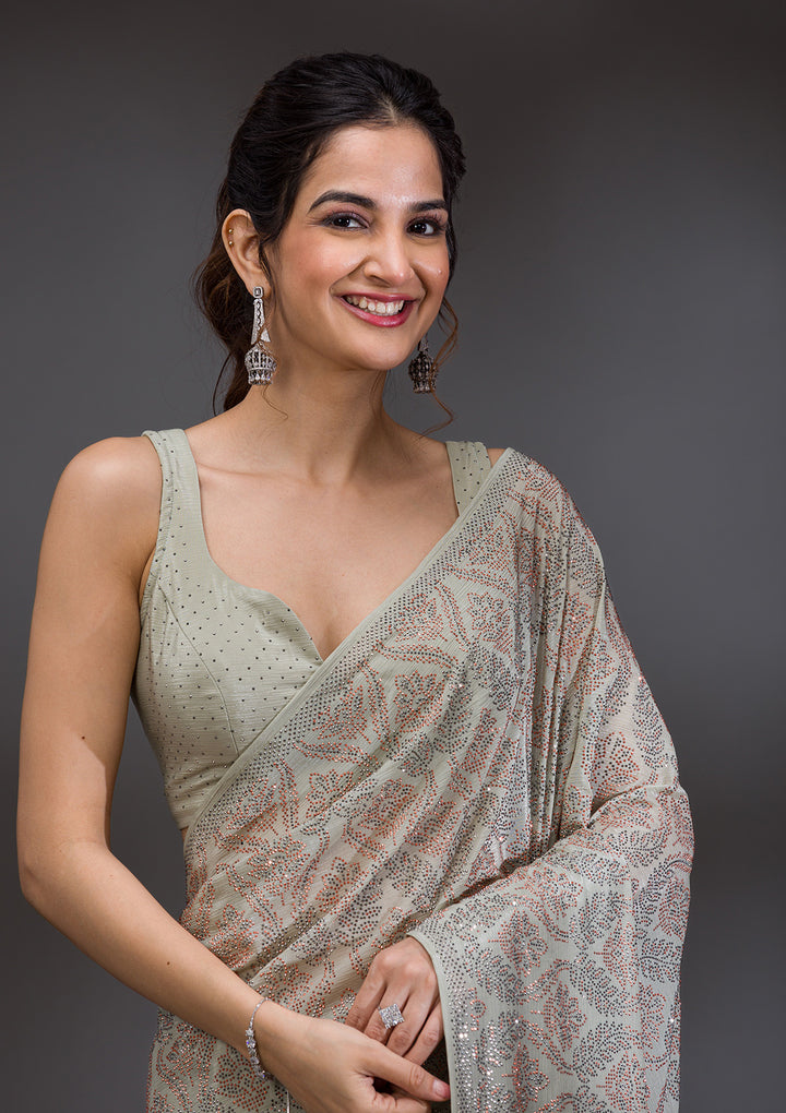 Pista Green Stonework Satin Saree