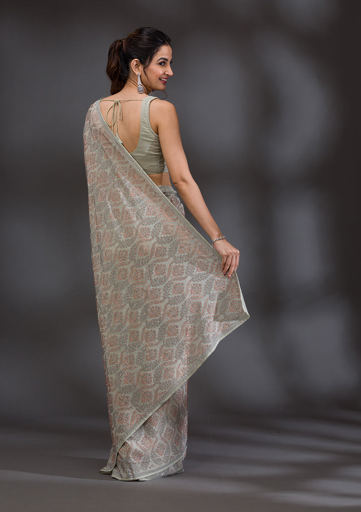 Pista Green Stonework Satin Saree