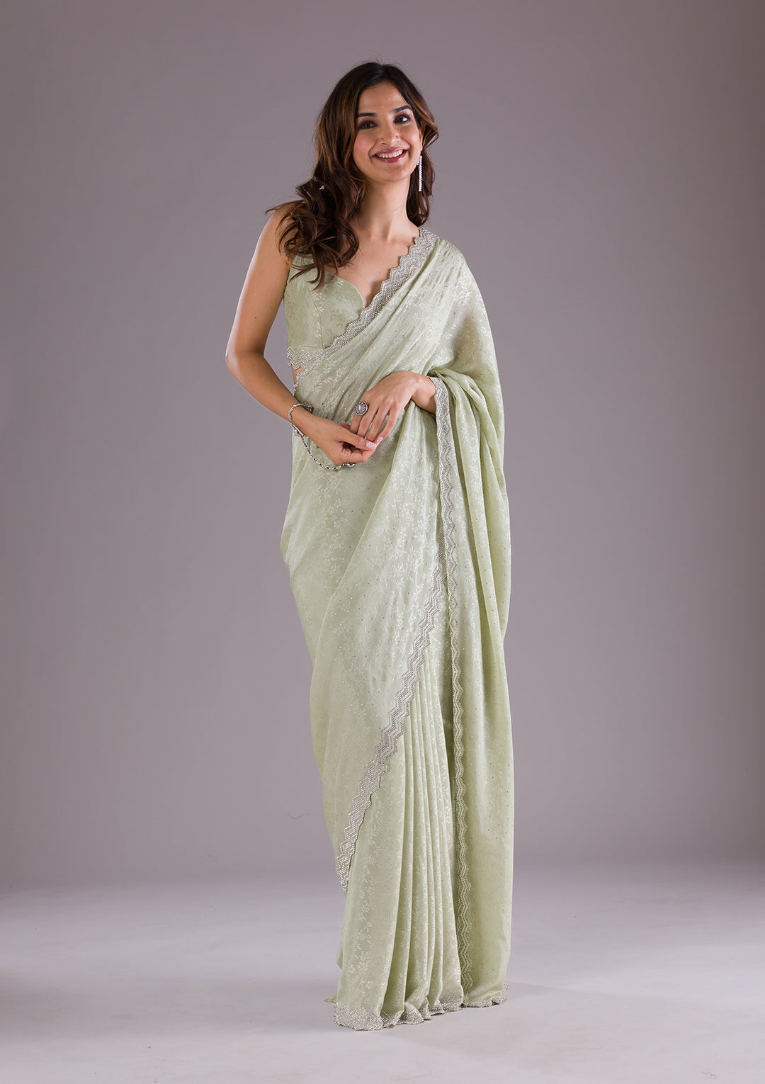 Pista Green Stonework Semi Crepe Saree