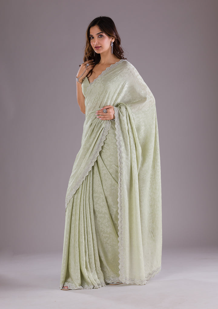 Pista Green Stonework Semi Crepe Saree