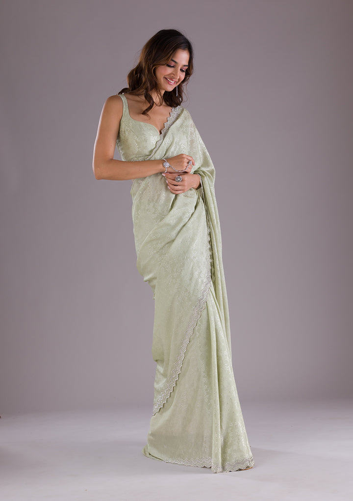 Pista Green Stonework Semi Crepe Saree